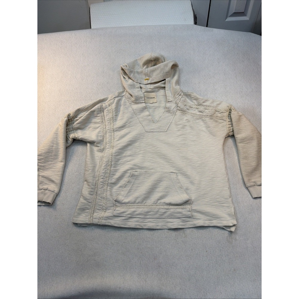 Lucky Brand Crochet Trim Baja Hoodie Size XL Cream‎ Cozy Warm Lagenlook Boho